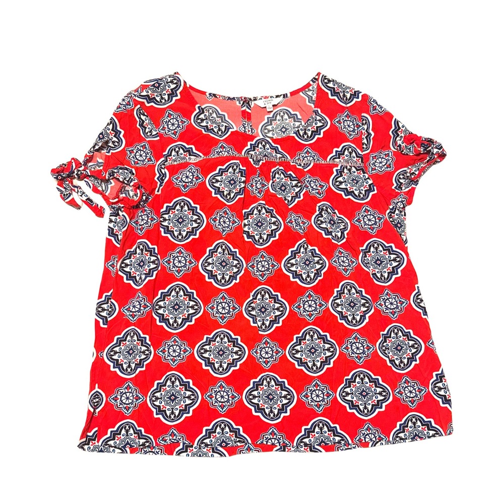 Crown & Ivy Womens Large Red Medallion Print Tie Sleeve Blouse Boho Top